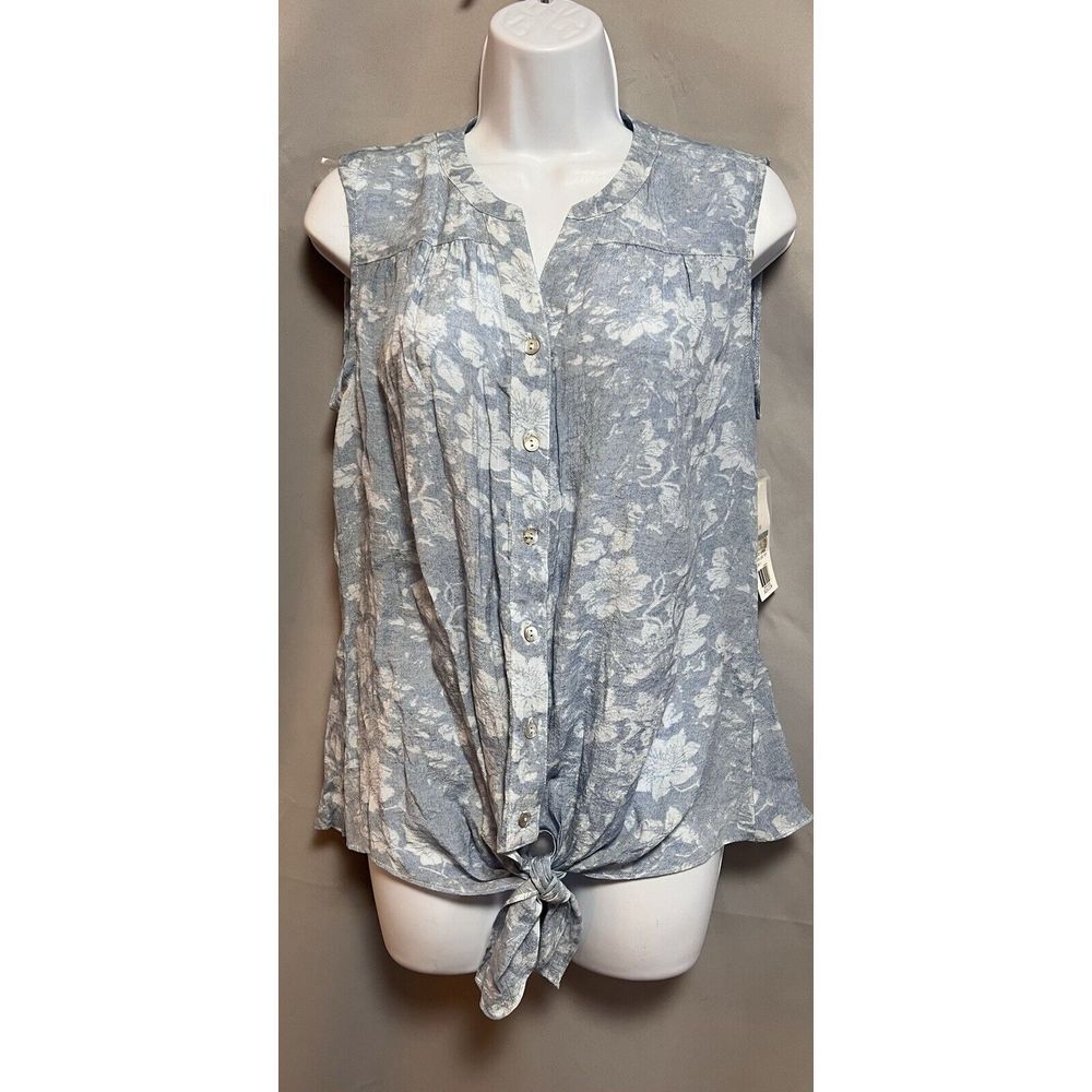 New Directions Blue White‎ Floral Button-Up Tie Hem Tank - Size Medium NWT
